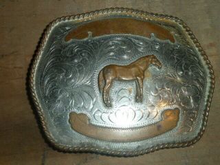 VINTAGE STANDING HORSE TROPHY BELT BUCKLE,  BLANK,  MADE IN MEXICO 4 1/2 W X 3 3/4 2