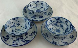 Chinese Or Japanese Asian Hand Painted Blue White Demitasse Cup Saucer Set 6 Pc