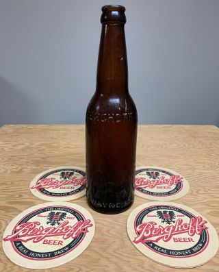 Vintage Amber Embossed Berghoff Ft Wayne Ind Beer Bottle And Coasters