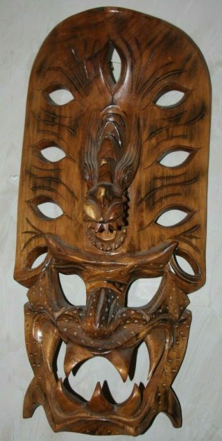 Vintage Large 26 " Hand Carved Wood Wooden Tiki Idol Head Dragon Wall Mask Art 2