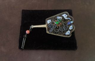 Vintage Chinese Sterling Silver And Enamel Dragon Fan Brooch