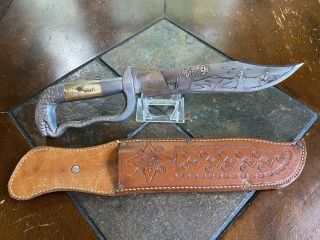 Vintage Mexico Mexican Bowie Fighting Knife Snake Eating Tail Handle W/ Sheath