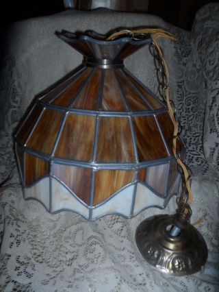 Vintage Lg.  Amber Stained Slag Glass Hanging Swag Lamp Ceiling Fixture Chandelier