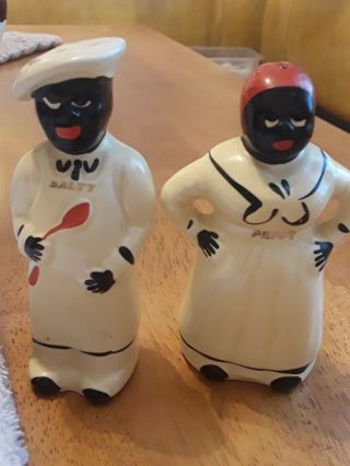 Vintage Black Americana Yellow Salt And Pepper Shakers,  Peppy And Salty Pre 1940