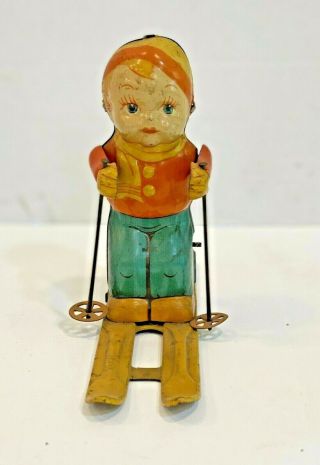 Vintage J Chein Tin Litho Wind Up Toy Skier Boy - No Key