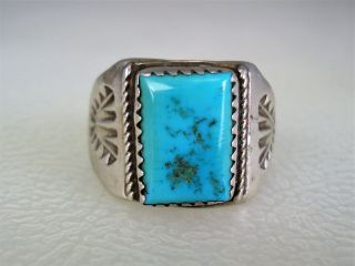Old Navajo Stamped Sterling Silver & Squared Turquoise Ring Size 9.  25