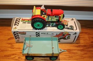 Czech - Made Kovap Zetor Tractor & Trailer Tin Litho Wind - Up Toy With Key And Box.