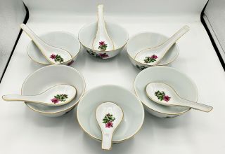 Vintage Porcelain China Set Of 6 Rice Soup Bowls And Spoons