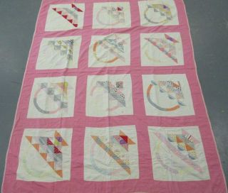Old Vintage Hand Stitched Pink & White Basket Patch Quilt 84 " X 66 "