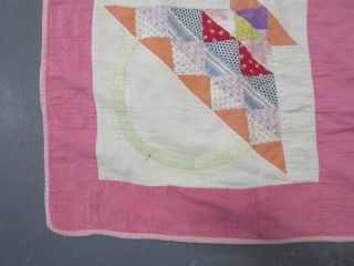Old Vintage Hand Stitched Pink & White Basket Patch Quilt 84 