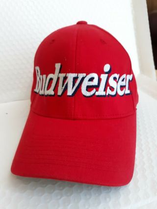 Budweiser Beer Red Ball Cap Hat Flex Fit Pre - Owned