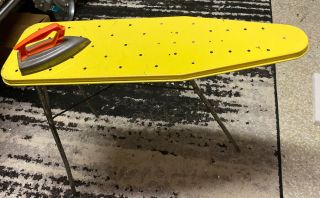 Vintage Yellow Childs Metal Ironing Board With Wolverine Toy Iron