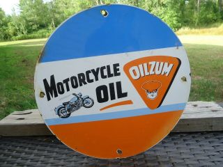 Old Vintage 1950s Oilzum Motorcycle Motor Oil Porcelain Gas Station Pump Sign