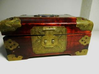 Chinese Cherry Wood Jewelry Box Cloisonne Enamel Medallion Etched Brass Corners
