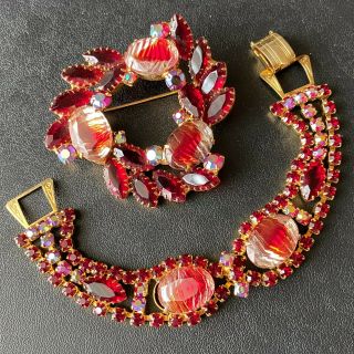 D&e Juliana Vintage Ruby Red Givre Glass Flower Brooch Pin & Bracelet Set 48