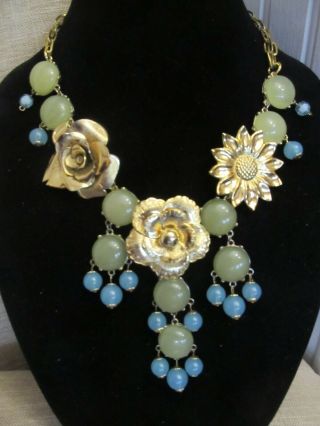 Vintage Flower Trio & Bead Statement Necklace - A Repurposed 1 Of A Kind