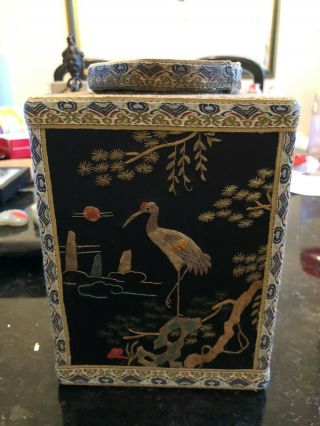 Vintage Hand Made Wood Base With Embroidery Birds Tea Case