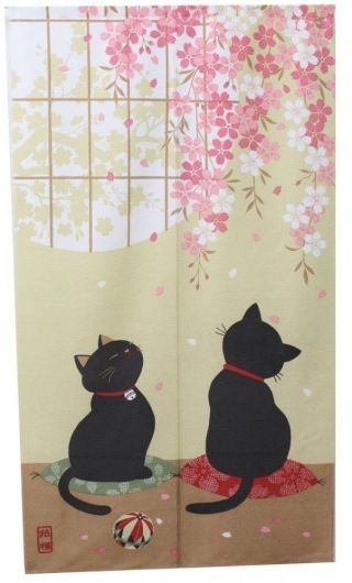 Japanese Noren Curtain Sakura Cherry Blossom And Black Cat Cawaii Made In Japan