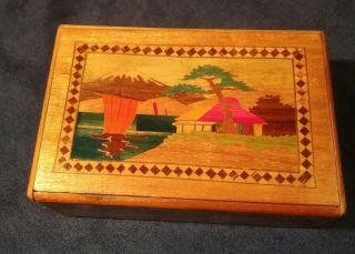 Vintage Japanese Handmade Wood Puzzle Box Trickopening Japan Mt Fuji