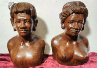 Vintage Philippines Igorot Indian Carved Wood Woman Busts