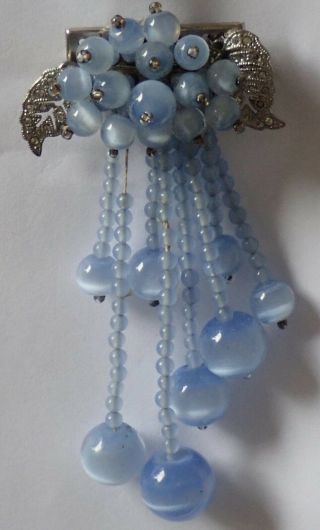 Vintage Miriam Haskell Opalescent Light Blue Art Glass Rhinestone Dangle Brooch