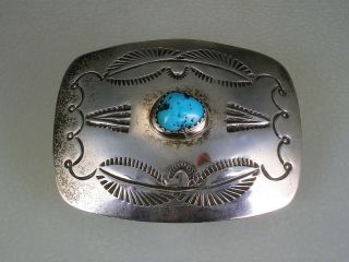 Vintage Navajo Hand Stamped Sterling Silver & Turquoise Belt Buckle