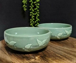 Vtg Set (2) Chinese Celadon Glaze Noodle Bowl Jade Green Ceramic W Crane Detail