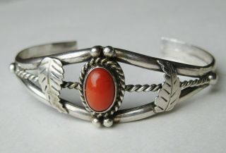 Vintage Native American Navajo Indian Sterling Silver Red Coral Cuff Bracelet
