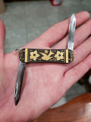 Vintage Toledo Spain Gold Damascene Bird Pocket Knife Watch Fob Knives
