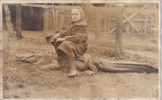 Vintage Azo Real Photo Postcard Rppc Young Girl On Alligator 1918 - 1930 Unique