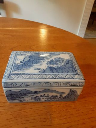 Vintage Blue & White Porcelain Ceramic Trinket Box W/ Lid Asian Village Scenes
