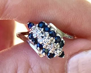 Vintage 10k Solid White Gold 1/2 Ctw Sapphire And Diamond Three Row Bypass Ring