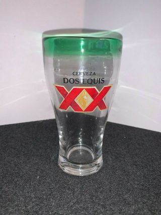 Vintage Cerveza Dos Equis Xx Mexico Beer Glass Hand Blown Green Rim