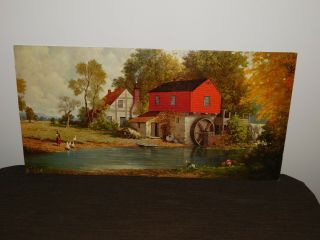Vintage 24 " X 12 " E Thomas Water Wheel Farm House Girl Boy Ducks Dog Pond Print