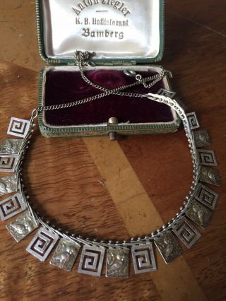 Vintage 1920s 1930s Art Deco Silver Plated Greek Key & Owl Bird Design Necklace