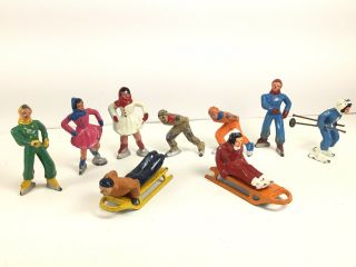 Vintage Barclay/manoel Winter Lead Figures Skier,  Sleds,  Skaters,  11pcs
