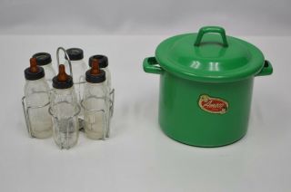 Vintage Amsco Toys Green Metal Baby Bottle Sterilizer Pot W/ Bottles & Holder