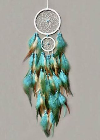 Handmade Native American Indian Dream Catcher Blue With Real Feathers " Wood Two