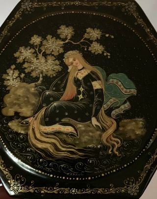 Vintage Russian Lacquer Hand - Painted Hexagon Box Blonde Goddess Signed 2