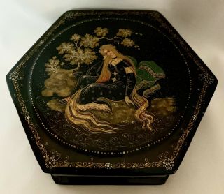 Vintage Russian Lacquer Hand - Painted Hexagon Box Blonde Goddess Signed 3