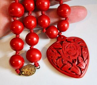 Vintage Chinese Carved Cinnabar Heart Pendant & 10mm Bead Necklace 23”