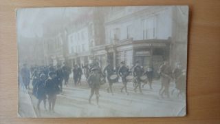 Soldiers Marching Through Exmouth,  Possibly First World War.  Photograph On Card