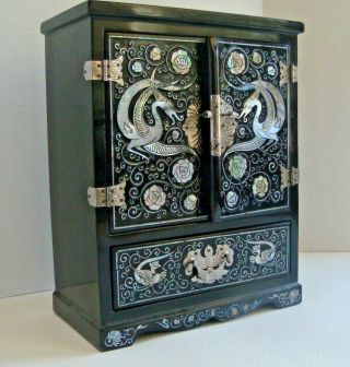 Vintage Chinese Black Lacquer Jewelry Box Mother Of Pearl Inlay 4 Drawer W/lock