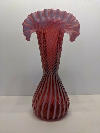 Vintage Fenton Cranberry Opalescent Swirl Glass Vase 3264