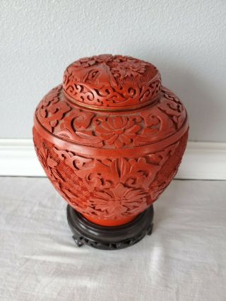 Vintage Chinese Cinnabar Red Urn Covered Vase Carved Floral Blue Enamel W/ Stand