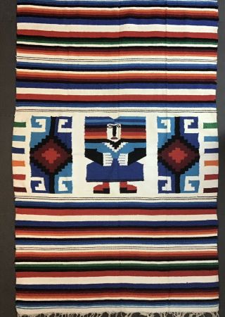 Vintage Mexican Blanket Wool Woven 51”x 78” Colorful Stripes Fringe Southwestern