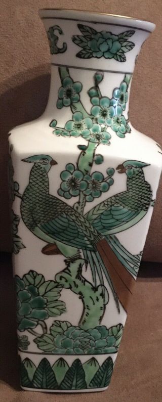 Asian Vase Green On White W/ Gold Mouth Birds Peonies Japan Goldimari