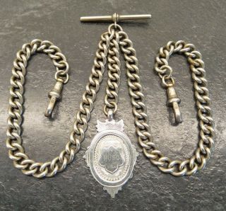 Old Vintage Curb Link Double Albert Pocket Watch Chain & Silver Fob.