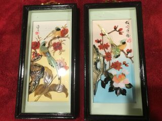 2 Vintage Asian Carved Shell Art Mother - Of - Pearl 3d Shadow Box,  Birds & Flowers