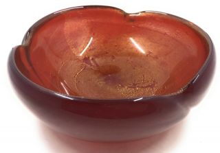 Vintage Red & Gold Foil Art Glass Candy Dish Bowl Swirl Shape Murano 6.  5”